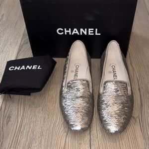CHANEL Glittering Silver Sequin Flats